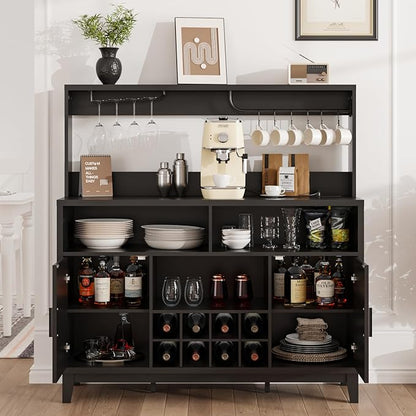 Fluted Buffet Cabinet with Storage, Modern Coffee Bar Cabinet with Outlet, Removable Wine Rack, Multi-Functional Accent Liquor Cabinet for Living Room, Entryway, Kitchen, Black