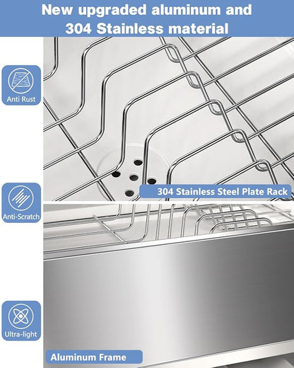 Dish Drying Rack, Thicker Premium Aluminum Frame and 304 Stainless Steel Plate Rack for Kitchen Counter, Automatic Drainage Spout, Dish Drainer & Drainboard Set with Utensil Holder, White