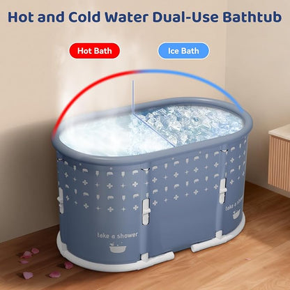 Portable Bathtub, Foldable Bathtub No Installation, Freestanding Shower Bathtubs with Cushion, Collapsible SPA Soaking Bath Tub, Hot & Ice Bath Tub for Indoor Outdoor (Water Pattern Blue)