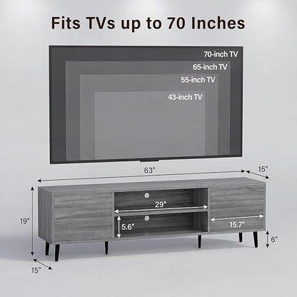 JUMMICO Mid-Century Modern TV Stand for 65-70 Inch TVs, 63 Inch Media Console with Storage, Entertainment Center with Push-Open Cabinets and Cable Management for Living Room (Grey, 63 Inches)