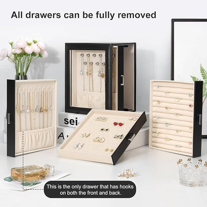 DesignSter Jewelry Box Organizer, Jewelry Box for Women, PU Jewelry Organizer Display Case with Side Drawers, Jewelry Storage for Earring Necklace Ring Bracelet Watch