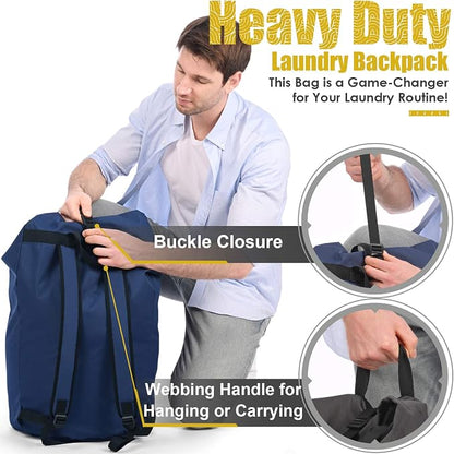 Backpack Laundry Bag, 115L Heavy Duty Extra Large College Laundry Backpack, Dirty Clothes Bag with Shoulder Straps, Laundry Hamper Bag with Drawstring Closure for College Dorm, Apartment Dark blue