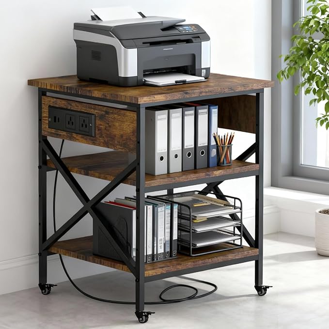 TUMAN Pro Large Printer Stand with Power Outlet 3 Tier Adjustable Shelves Mobile Cart with Industrial Casters 23.6 x 23.6 x 30 Inches for Home Office Rustic Brown