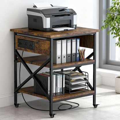 TUMAN Pro Large Printer Stand with Power Outlet 3 Tier Adjustable Shelves Mobile Cart with Industrial Casters 23.6 x 23.6 x 30 Inches for Home Office Rustic Brown