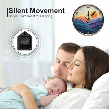 Wall Clock， Sunset Landscape Non Ticking Wall Clocks Battery Operated， Gold Wooden Wall Clocks for Kitchen， Living Room， Bedroom， Office， Bathroom Decorative 25 * 25cm