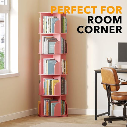 SpaceAid 5 Tier Rotating Bookshelf Tower, Spinning Bookcase Lazy Susan, Revolving 360 Book Shelf Storage Round Carousel, Vertical Rotate Turning Spiral Corner Organizer, Pink
