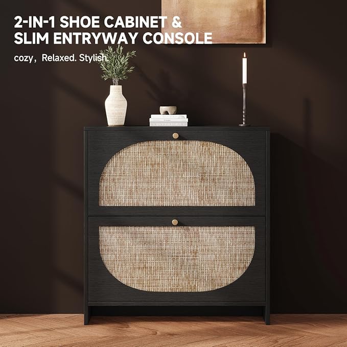 Nicetree Shoe Storage Cabinet for Entryway, Rattan Vintage Flip Shoe Rack- 2 Flip Drawers & 3-Tier Adjustable Shelves,Boho Shoe Organizer for 16-24 Pairs - Fits Size 13.5 Boots, 9.5" Ultra Slim Black