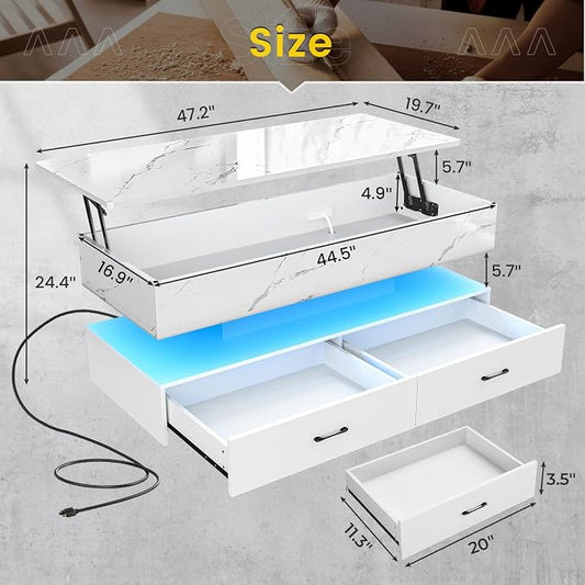 SEDETA 47.2" Lift Top Coffee Table, Coffee Tables with Storage for Living Room, 2 Drawers Coffee Table with Power Outlet & LED Light for Dining Reception Room, High Gloss White Marble