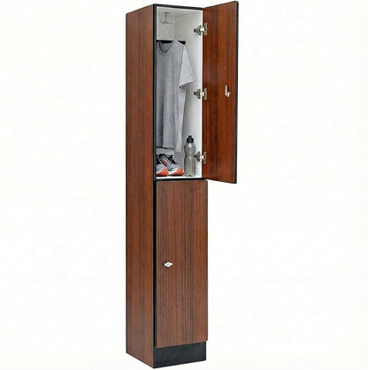 Alpine 2 Door Wooden Locker Cabinet - 72" Expandable Commercial Storage Lockers for Gym, Spa, Office & Golf Club - Includes Metal Base & Lock-Ready Handle, Single Column 2 Tier - Walnut
