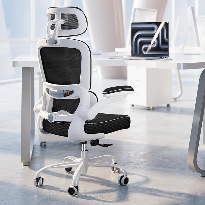 TRALT Ergonomic Office Chair - Desk Chair with Adjustable Headrest Lumbar Support Computer Chair - Mesh Comfy Chair with Flip-up Armrests - Gaming Chairs for Adults Home Office (Leather, Black White)