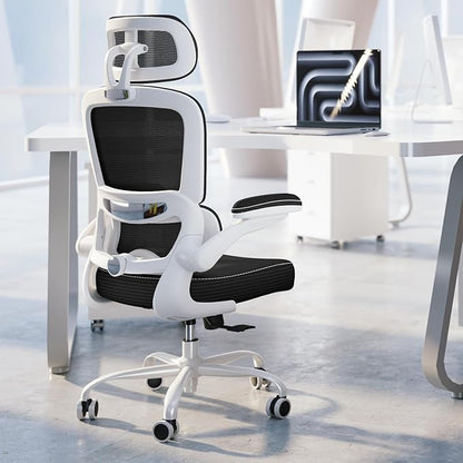 TRALT Ergonomic Office Chair - Desk Chair with Adjustable Headrest Lumbar Support Computer Chair - Mesh Comfy Chair with Flip-up Armrests - Gaming Chairs for Adults Home Office (Leather, Black White)