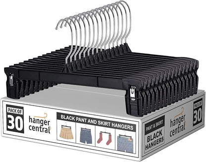 12 inch 30 Pack Pants Hangers Slim Plastic Clothes Hangers with Clips for Skirts, Shorts & Trousers – Non Slip Grip, Heavy Duty Space Saver with Swivel Hook – Black Closet Organizer