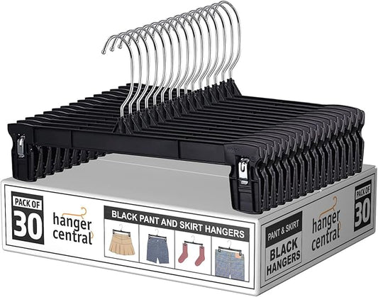 12 inch 30 Pack Pants Hangers Slim Plastic Clothes Hangers with Clips for Skirts, Shorts & Trousers – Non Slip Grip, Heavy Duty Space Saver with Swivel Hook – Black Closet Organizer