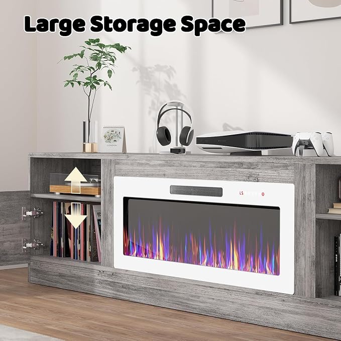 Lemberi Fireplace tv Stand with 36 inch White Fireplace Up to 90" TVs, LED Light Entertainment Center and Storage, 80" Modern Wood Media TV Console with Highlight Cabinet for Living Room (Gray)