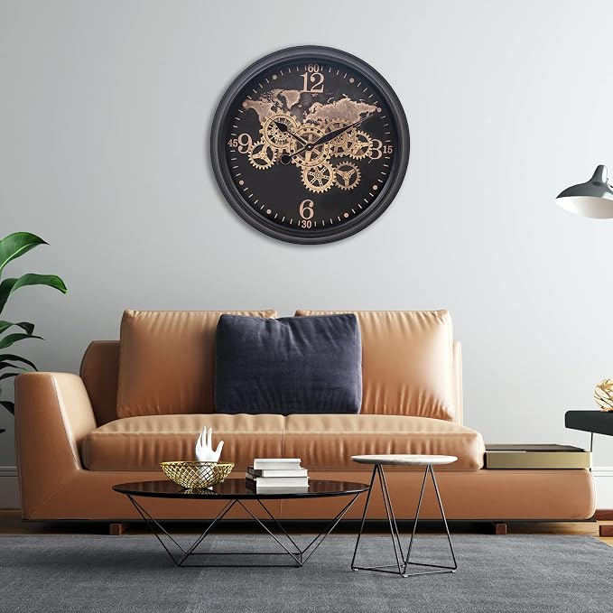 CLXEAST 24 Inch Moving Gear Wall Clock with World Map Pattern,Large Black Gold Metal Wall Clock for Modern Farmhouse Living Room Decor,Reloj De Pared para Sala