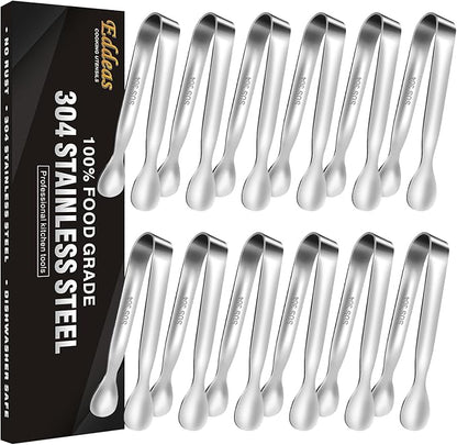 Eddeas Mini Tongs For Serving Food，Set fo 12 Small Tongs For Appetizers，Small Stainless Steel Metal Cooking Tong，for Tea Party Coffee Bar, 4 inch Sugar Tong - Silver