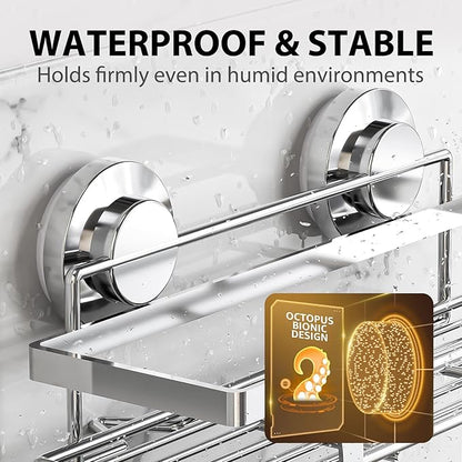 LEVERLOC Shower Caddy Suction Cup 2 Pack, Shower Shelf for Inside, Large Capacity Bathroom Organizers and Storage, Rustproof & Waterproof Metal Bath Basket, Silver