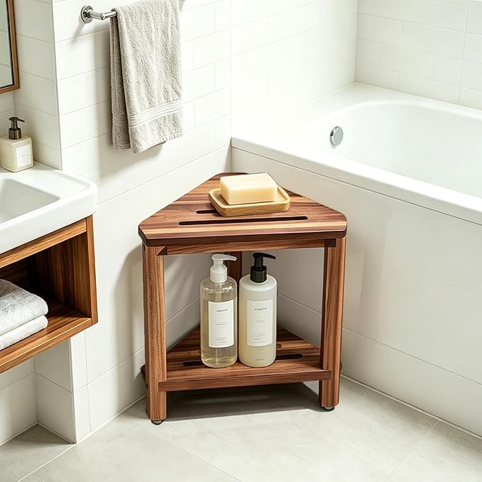 IBosins Corner Shower Stool with Storage Shelf Shower Foot Rest for Shaving Legs Small Bench for Inside Shower to Sit on Bath Seat - Acacia Wood, 16.1in