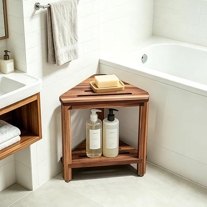 IBosins Corner Shower Stool with Storage Shelf Shower Foot Rest for Shaving Legs Small Bench for Inside Shower to Sit on Bath Seat - Acacia Wood, 16.1in