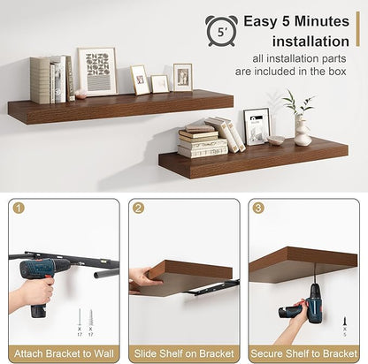12" Deep Walnut Floating Shelves,Over Toilet Long Wall Mounted Modern Farmhouse 36 inches,Wall Shelves with Invisible Brackets for Bedroom, Bathroom, Living Room, Kitchen, Set of 1