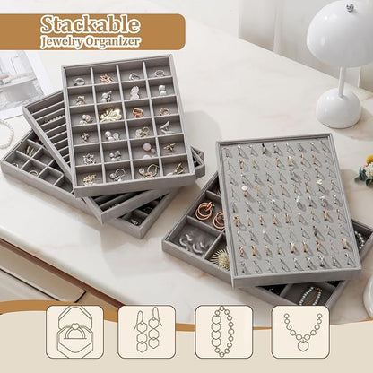 Large Velvet Jewelry Tray 2 Pack Stackable Jewelry Display Drawer Inserts Trays Organizer for Earring Bracelet Necklace Ring (Gray, 48 Grids)