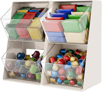 2 Pack Large Coffee Pod Holder, Coffee Station Counter Container Stackable Pantry Storage Organizer Bins, Creamer Suger Plastic Accessories Organizer for Office Home Kitchen Supplies(White)