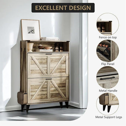 Shoe Cabinet with 2 Flip Drawers, Shoe Storage Cabinet for Entryway, Freestanding Shoe Cabinet Organizer with Open Storage, Free Standing Shoe Rack Cabinet Corner, Retro Gray