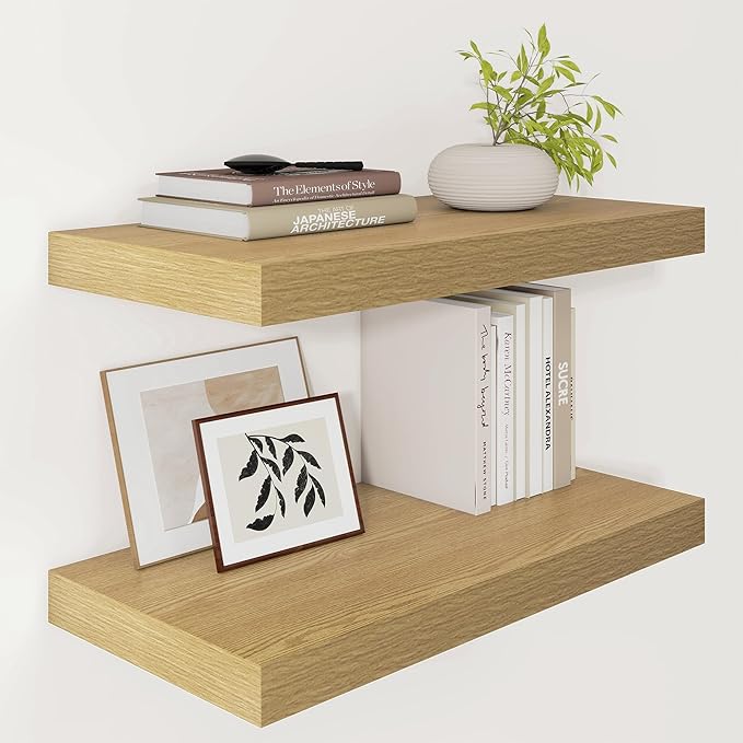 Vivelove 12 Inch Deep Floating Shelves 24 inch Long, 24 x 12 Wide Wall Shelves with Invisible Brackets, Shelf for Bedroom Bathroom Living Room Kitchen Office Home Decor, Modern Shelf Set of 2, Oak