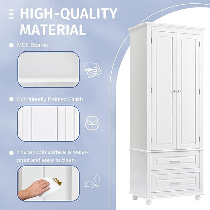 Storage Cabinet, Tall Bathroom Cabinet with Adjustable Shelf | Tall storage cabinet, upper enclosed cabinet and 2 pull-out compartments keep daily essentials organized