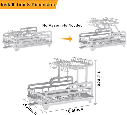 Dish Drying Rack Without Installation 2 Tier Metal Dish Racks for Kitchen Counter for 1-3 People with Drain Board Multifunctional Storage and Drainage Apartment Essentials