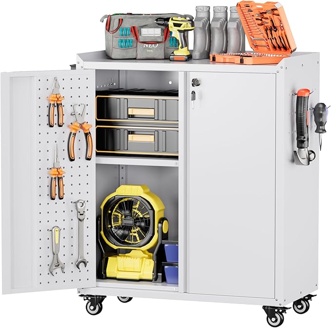 13.8" D x 26" W x 34.3" H Metal Storage Cabinet with Pegboard and Hooks,Garage Storage Cabinet with Wheels and 2 Lockable Doors for Garage,Home,Office,Assembly Required,White