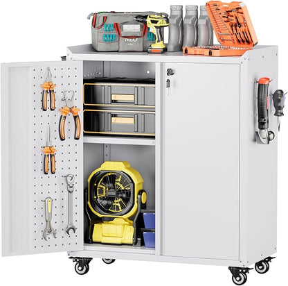 13.8" D x 26" W x 34.3" H Metal Storage Cabinet with Pegboard and Hooks,Garage Storage Cabinet with Wheels and 2 Lockable Doors for Garage,Home,Office,Assembly Required,White