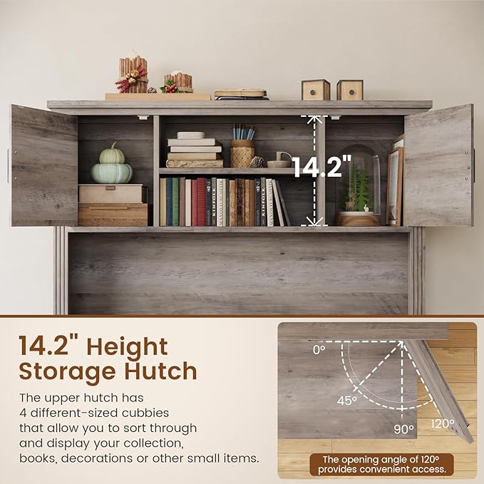 Itaar Farmhouse Executive L Shaped Desk, Home Office Desk with File Drawer and Power Outlet, Computer Corner Desk with Hutch and Drawer, Workstation for Office Home, Grey