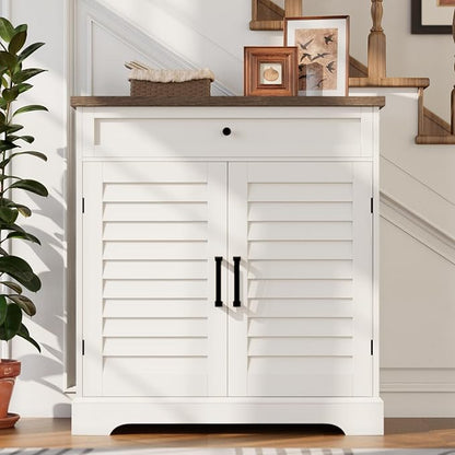 ChooChoo Farmhouse Shoe Cabinet with Doors, 4-Tier Shoe Storage Cabinet with Drawer and Shelves, Wooden Shoe Rack Organizer for Entryway, Hallway, Closet, White