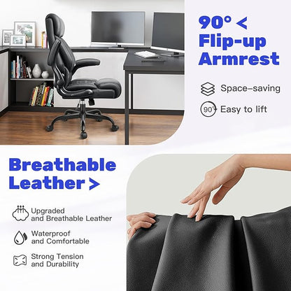High Back Executive Office Chair - Ergonomic Computer Desk with Rocking Function, Leather Managerial with Adjustable Flip-Up Armrests and Lumbar Support