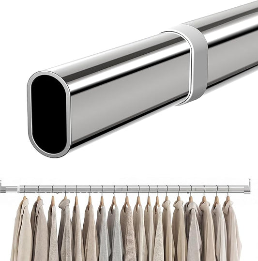 Oval Closet Rod 18-100 Inch Adjustable Closet Rods for Hanging Clothes Heavy Duty Silver Poles Bar with End Supports Rust Proof Wardrobe Rod for Laundry Room RV