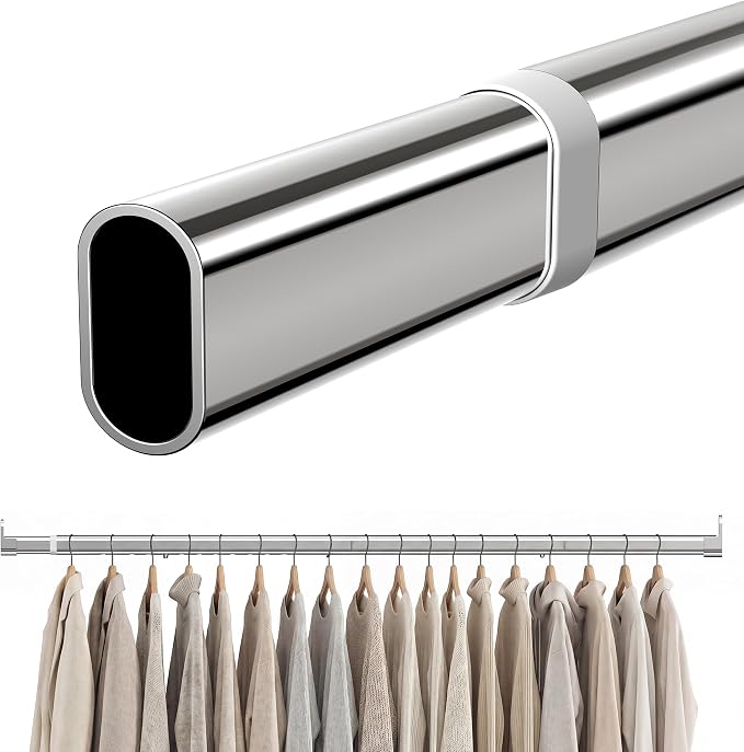Oval Closet Rod 18-88 Inch Adjustable Closet Rods for Hanging Clothes Heavy Duty Silver Poles Bar with End Supports Rust Proof Wardrobe Rod for Laundry Room RV