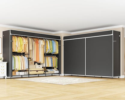 ULIFHOME E14C Max Heavy Duty Closet Organizer System，Freestanding Clothing Racks for Hanging Clothes，Adjustable Garment Rack 86" W × 16" D × 77" H Hold 1060 lbs，Black Rack with Black Cover