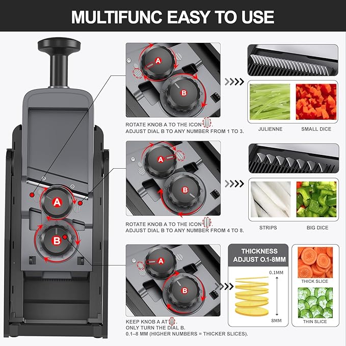 SupMaKin 8 IN 1 Upgraded Safe Mandoline Slicer,Multi Vegetable Chopper,Potato Slicer, Onion Chopper with Drain Basket Storage Container, Cheese Grater Kitchen Chopping Artifact (Black)