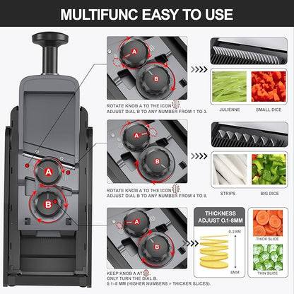 SupMaKin 8 IN 1 Upgraded Safe Mandoline Slicer,Multi Vegetable Chopper,Potato Slicer, Onion Chopper with Drain Basket Storage Container, Cheese Grater Kitchen Chopping Artifact (Black)