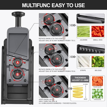 SupMaKin 2026 Upgrade Safe Mandoline Slicer,Multi Vegetable Chopper,Potato Slicer, Onion Chopper with Drain Basket Storage Container, Cheese Grater Kitchen Chopping Artifact (Black)