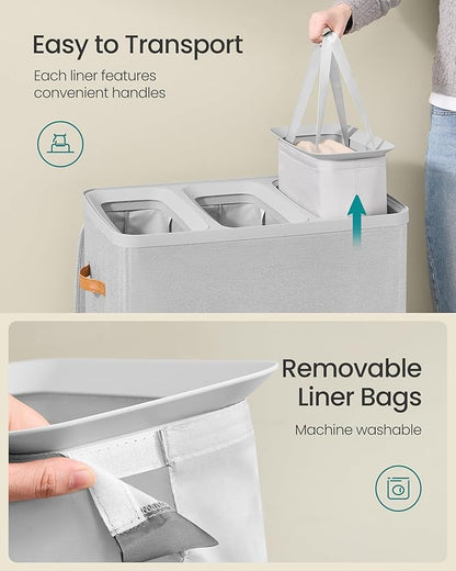 SONGMICS Laundry Basket, 50.2 Gal. Laundry Hamper, 3 Compartments, Easy Assembly, with Lid and Handles, Removable Liners, 25.2 x 15.7 x 29.5 Inches, Dove Gray ULCB814GD01