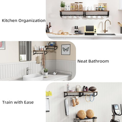 Coat Rack Wall Mount, Wood Wall Shelf with Hooks, Coat Hanger Wall Mount with 4 Metal Hooks, Wall Mounted Coat Rack Organizer for Entryway, Bedroom, Living Room, Room Decor, Brown 2 Pack