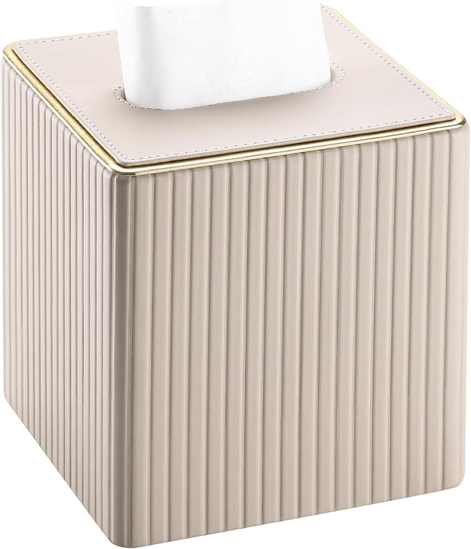 KINGFOM Square Tissue Box Cover, PU Leather Tissue Box Holder for Kleenexs with Magnetic Bottom Cover for Facial Tissues/Napkins, Office & Living Room Decor Box Beige