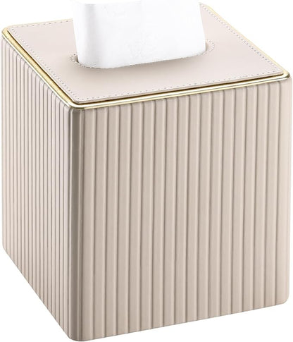 KINGFOM Square Tissue Box Cover, PU Leather Tissue Box Holder for Kleenexs with Magnetic Bottom Cover for Facial Tissues/Napkins, Office & Living Room Decor Box Beige