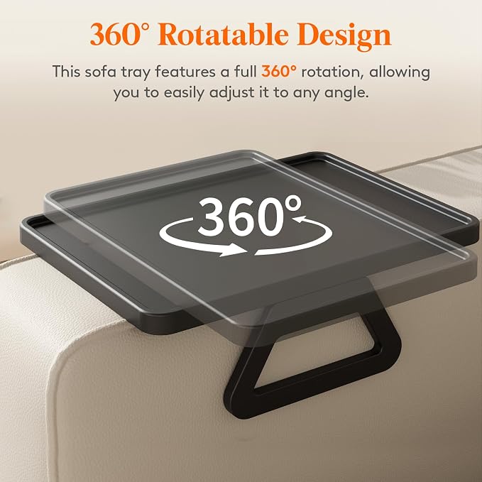 Lifewit Plastic Rotating Couch Armrest Table, Adjustable Sofa Arm Clip Holder Tray for Snack/Fast Food/Fruit/Drink, Large Foldable Stable Sofa Table with Reinforced Clamp, Black