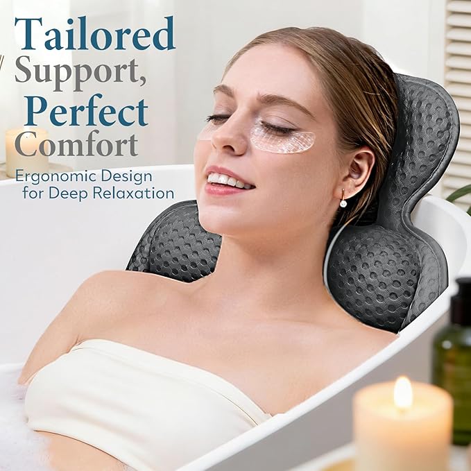 Bath Pillows for Tub, Comfortable Bathtub Cushion for Head and Neck with Soft 3D Mesh Fabric and 54 Non-Slip Suction Cups, Relaxing Tub and Shower Accessories Spa Gift Dark Gray Extra Thick
