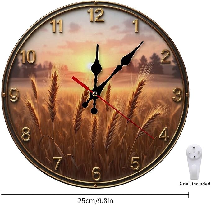 Wall Clock， Rustic Sunset Wheat Field Non Ticking Wall Clocks Battery Operated， Brown Wooden Wall Clocks for Kitchen， Living Room， Bedroom， Office， Bathroom Decorative 25 * 25cm