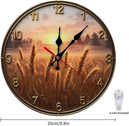 Wall Clock， Rustic Sunset Wheat Field Non Ticking Wall Clocks Battery Operated， Brown Wooden Wall Clocks for Kitchen， Living Room， Bedroom， Office， Bathroom Decorative 25 * 25cm