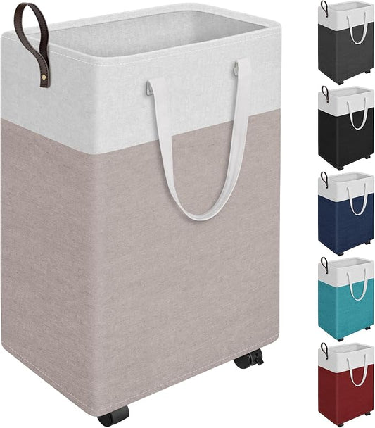 HomeHacks Laundry Basket with Wheels, Rolling Laundry Hamper, Collapsible & Waterproof Clothes Hamper, Narrow Corner Bins with Extended Handles for in the Family & Dorm 90L, Khaki